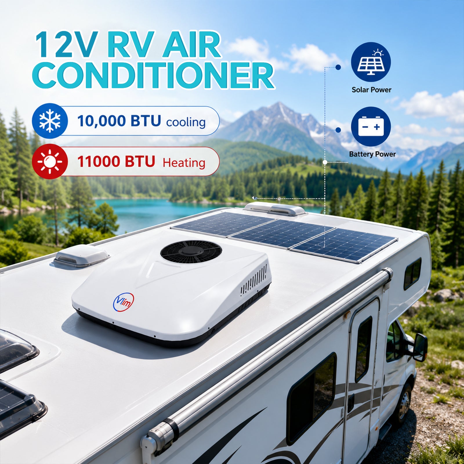 10000 BTU DC Inverter RV Rooftop Air Conditioner with Heat Pump, 12V/24V Battery Powered Cooling & Heating Unit for RV, Camper, Van